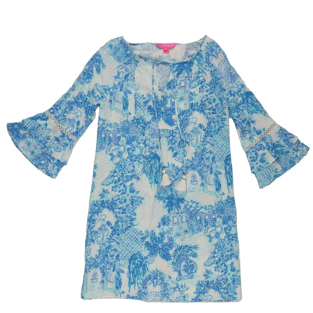 Lilly Pulitzer Shift Dress Womens Size Small Blue White Toile Tassel Bell Sleeve
